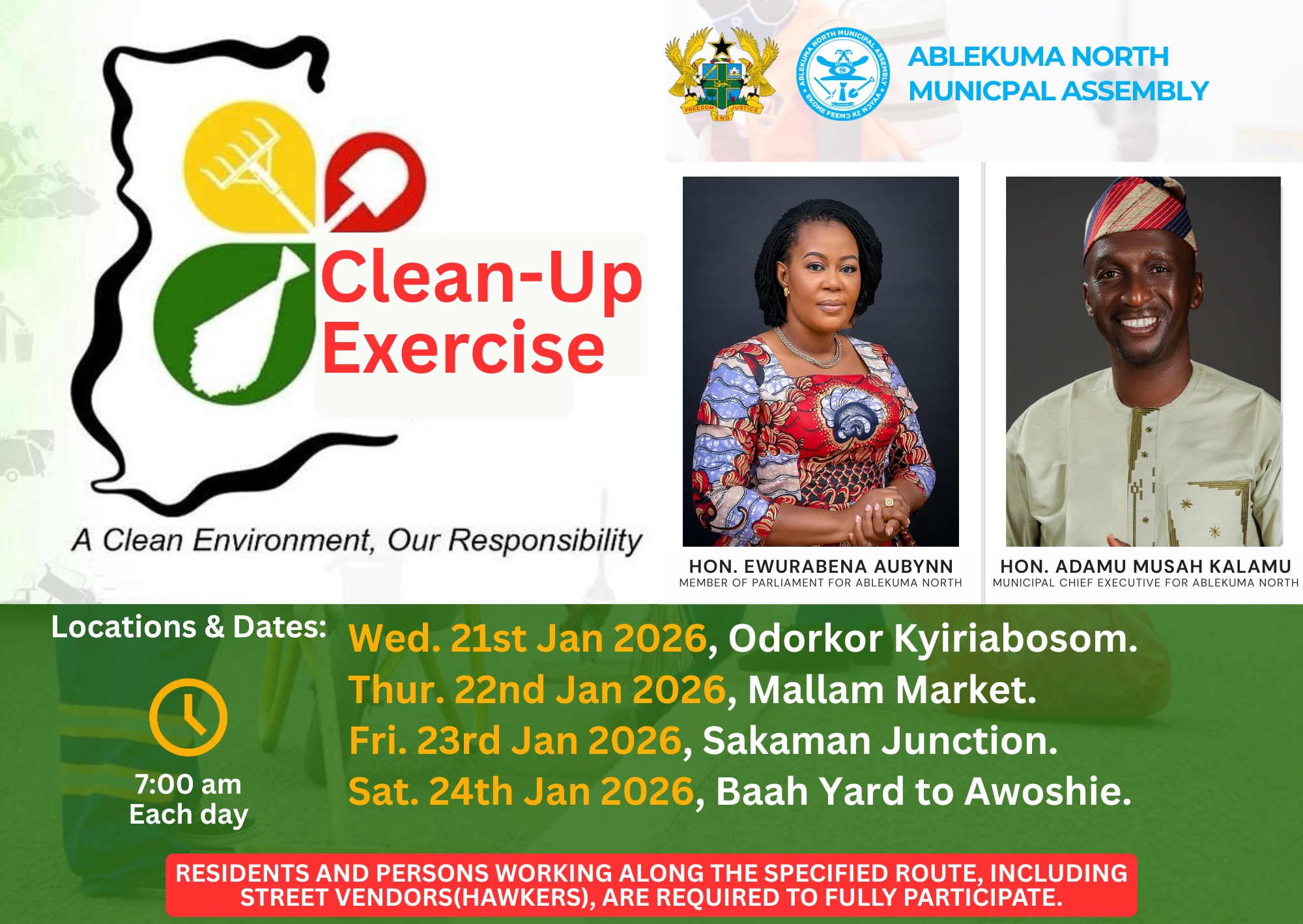 ABLEKUMA NORTH MUNICIPAL ASSEMBLY LAUNCHES FOUR-DAY CLEAN-UP EXERCISE